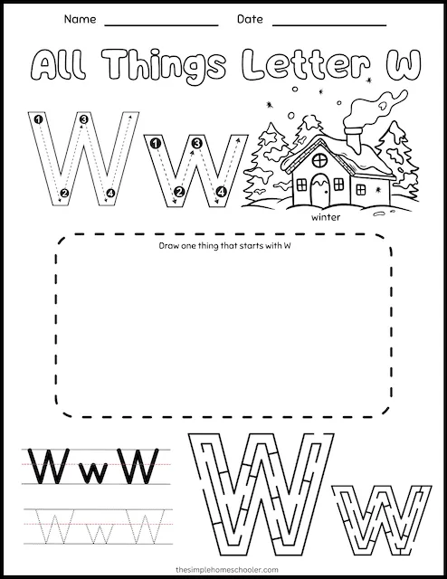 Pre-K alphabet worksheet featuring various illustrations of items starting with the letter W