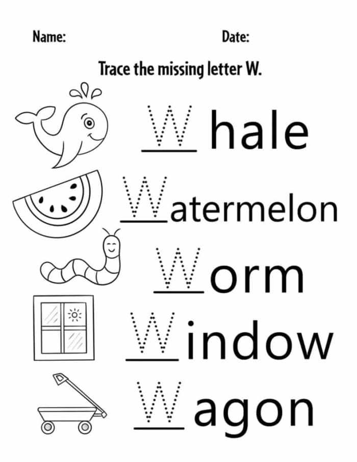 Preschooler coloring page featuring words starting with the letter W for a sight word activity