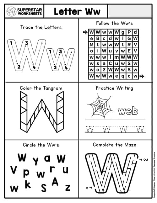 Letter W worksheet for Pre-K students featuring a fun word finding activity