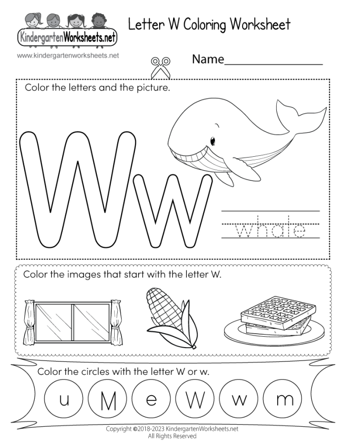 Letter W worksheet for Pre-K students to practice identifying words starting with the letter W