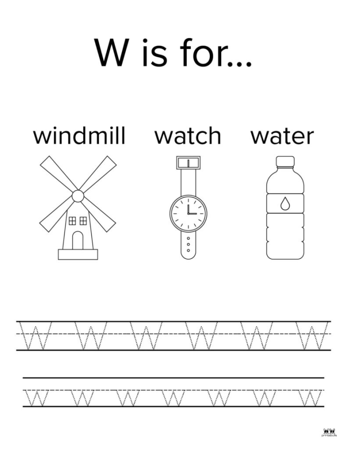 Preschool worksheet featuring word identification activities for the letter W
