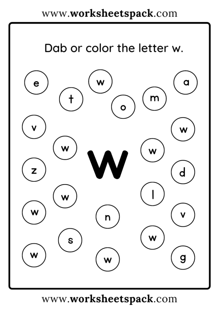 Letter W identification worksheet for preschool students featuring images starting with the letter W