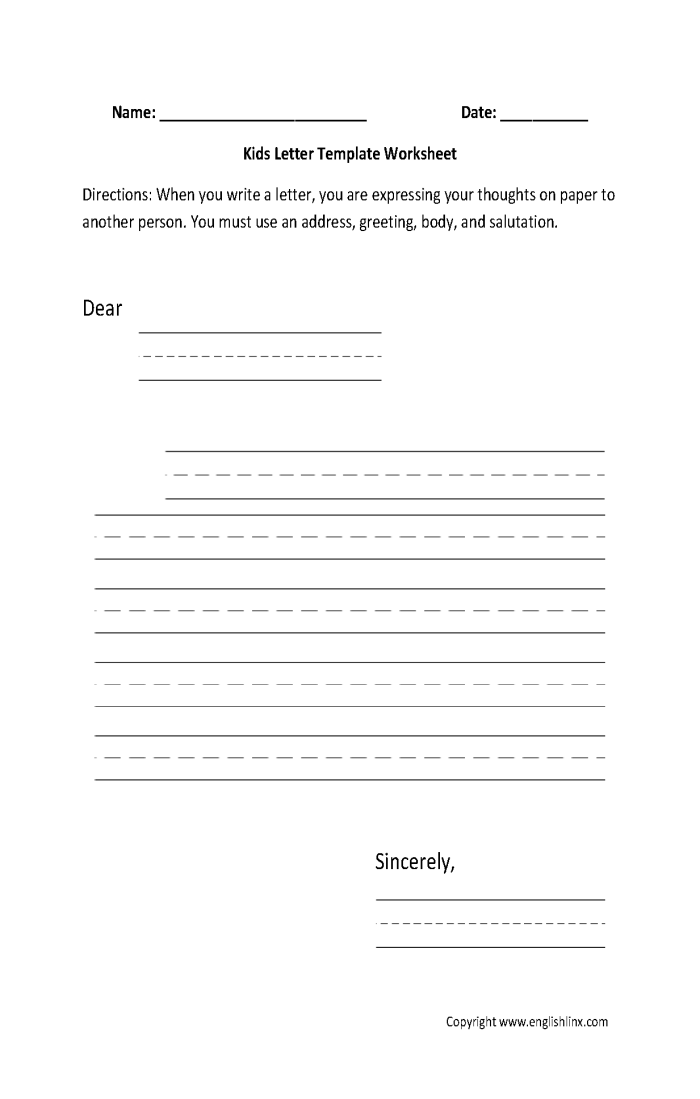 Letter Writing for Kids worksheet template designed for third graders to enhance their writing skills