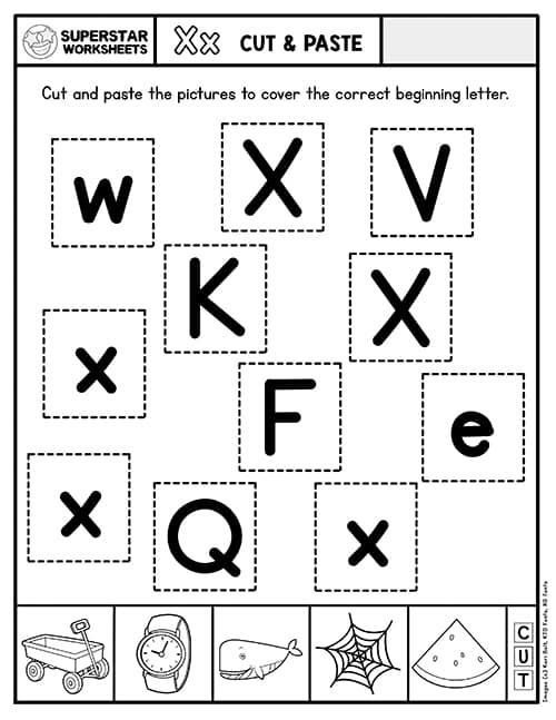 Preschooler working on a Letter Book X worksheet identifying words starting with the letter X