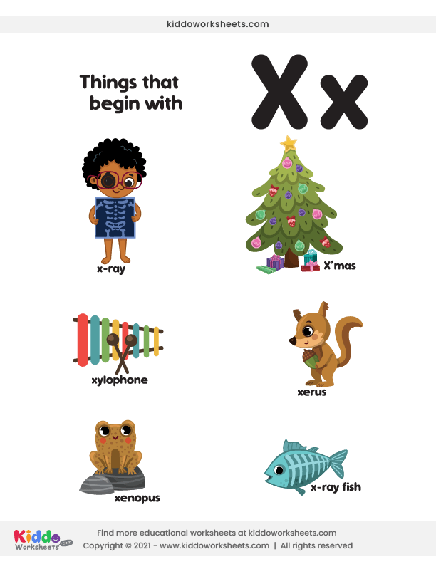 Preschool worksheet featuring illustrations of various items for children to identify objects starting with the letter X