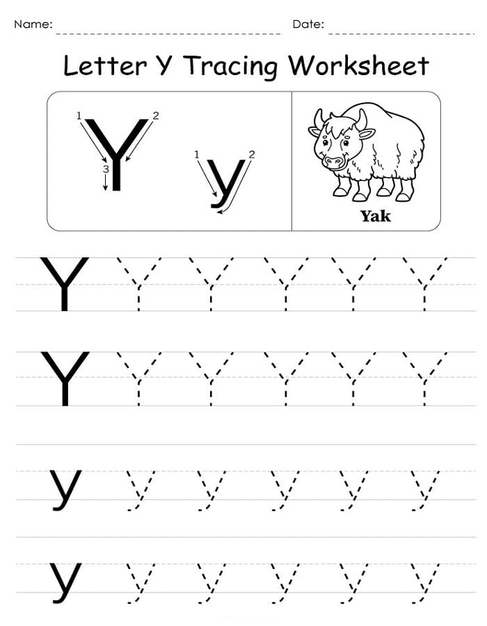 Pre-K worksheet featuring letter Y vocabulary practice with a yellow yarn graphic