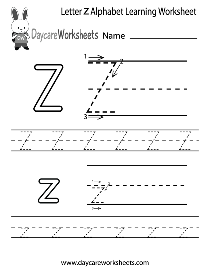 Preschool worksheet featuring pictures of items that start with the letter Z for phonics practice