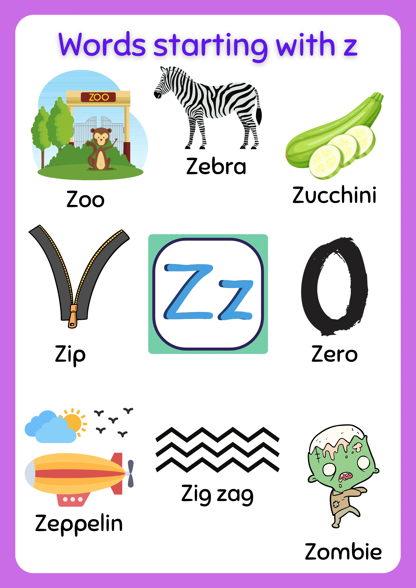 Worksheet featuring objects that begin with the letter Z for phonics practice. Engaging activities for Pre-K students focusing on the letter Z.