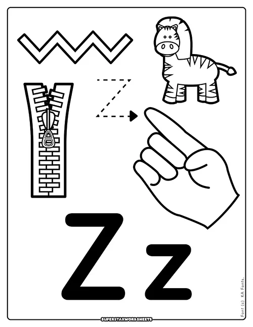 Preschool worksheet featuring a variety of illustrations for students to identify words beginning with the letter Z