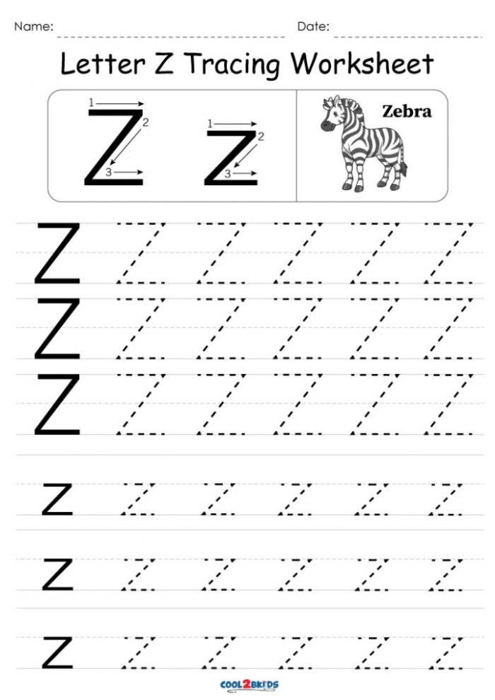 Preschool worksheet featuring a letter Z activity for identifying words starting with the letter Z