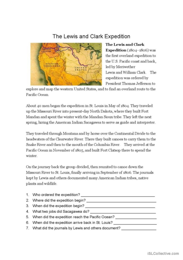 Worksheet on Native American tribes encountered by Lewis and Clark for fifth-grade social studies Illustration of Lewis and Clark's journey featuring Native American tribes they met along the way