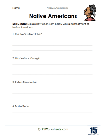 Worksheet image highlighting Native American cultures related to Lewis and Clark's journey Illustration depicting Native American tribes encountered by Lewis and Clark during their expedition