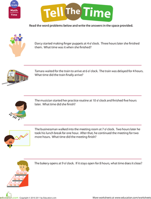 Third grade math worksheet featuring library-themed word problems about telling time and elapsed duration