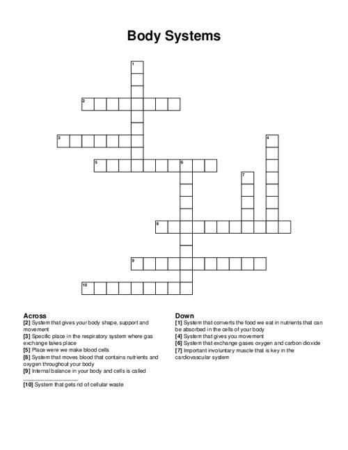 Life Science Crossword worksheet focusing on body systems vocabulary for third graders