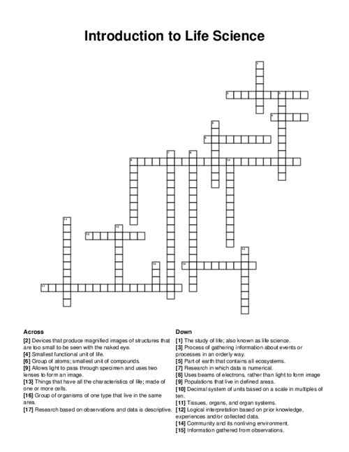 Life Science Crossword worksheet featuring body systems vocabulary for third graders