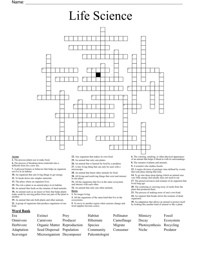 Life Science Crossword worksheet focusing on body systems vocabulary for third graders