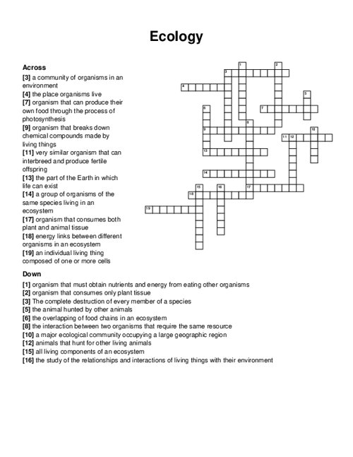 Life Science crossword puzzle focusing on ecosystems for third graders