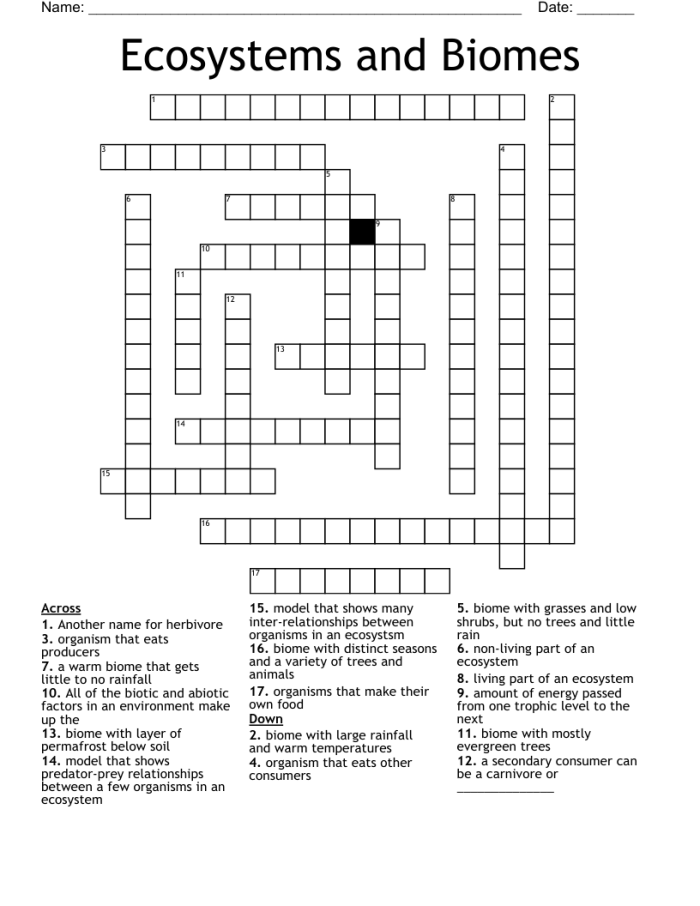 Life Science Crossword puzzle focused on ecosystems for third graders