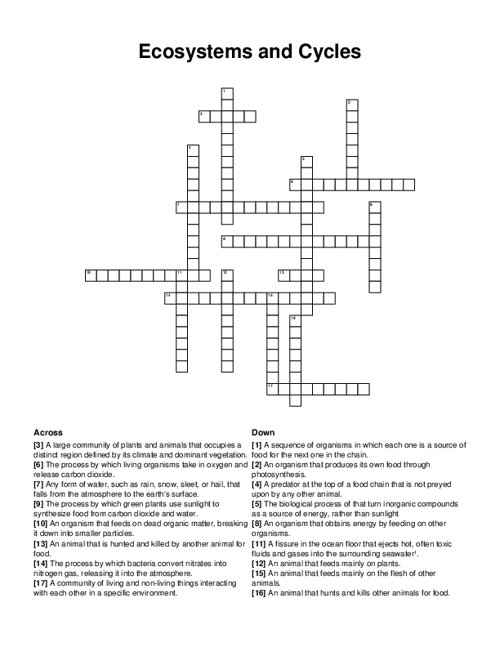 Life science crossword puzzle focused on ecosystems for third graders