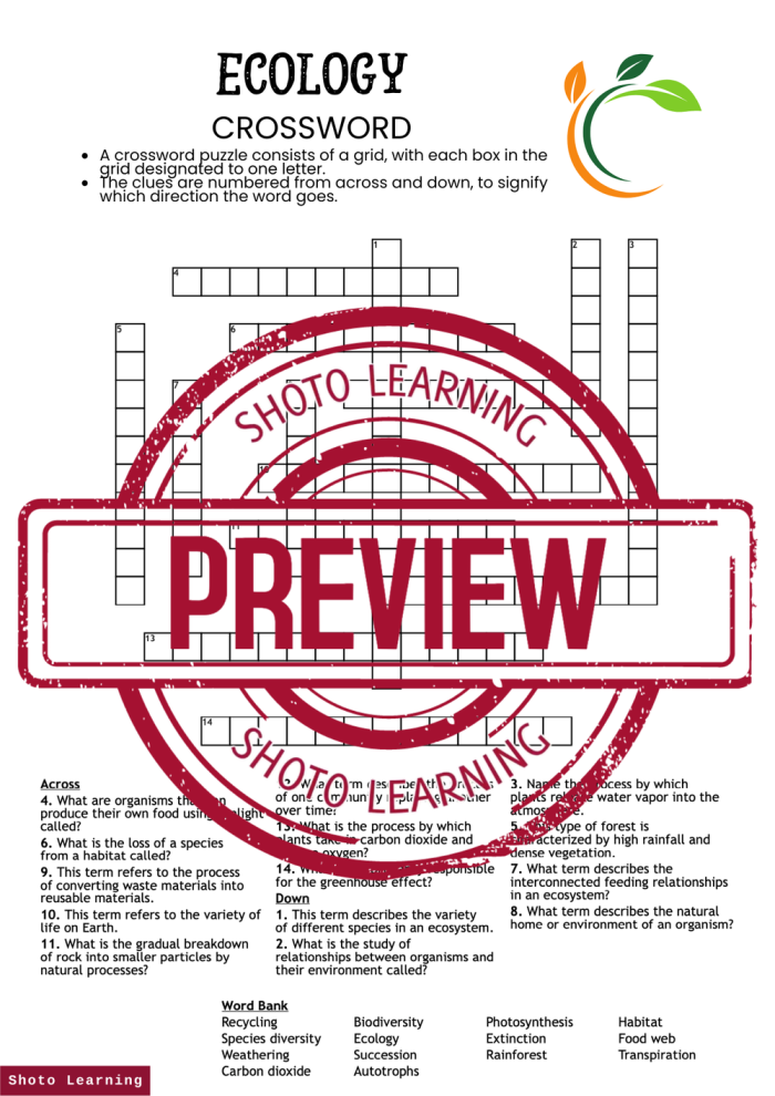 Life Science crossword puzzle focusing on ecosystems for third graders