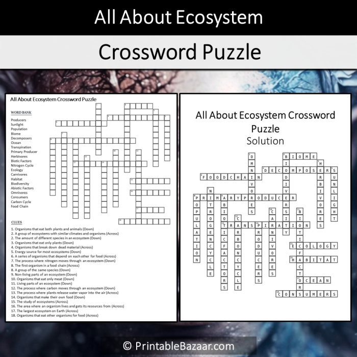 Life Science crossword puzzle focusing on ecosystems for third graders