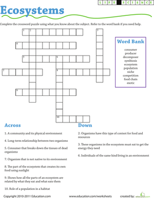 Life Science crossword puzzle focused on ecosystems for third graders