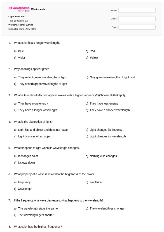 A third-grade worksheet exploring light and color, explaining why objects appear in different colors. Light and Color Worksheet for Physical Science Grade 3 - Image 22