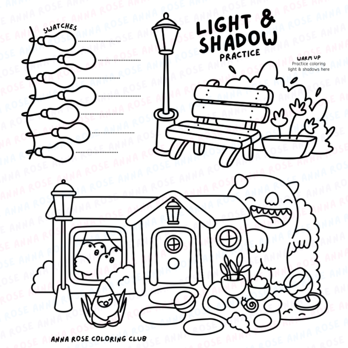 Fifth grade student worksheet demonstrating techniques for drawing light and shadow on various shapes
