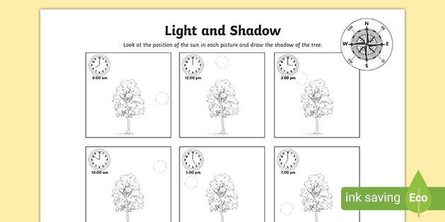 Fifth grade student worksheet demonstrating how to add light and shadow to hand-drawn sketches