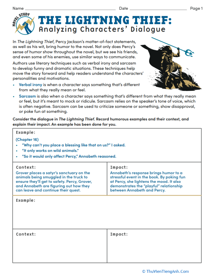 Novel Study: The Lightning Thief Character Dialogue Analysis Worksheet Worksheet for analyzing characters' dialogue in The Lightning Thief