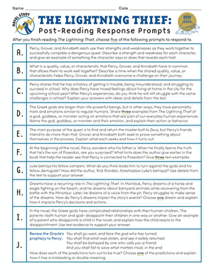 Worksheet on dialogue analysis from Rick Riordan's The Lightning Thief Worksheet analyzing characters' dialogue in The Lightning Thief for sixth graders