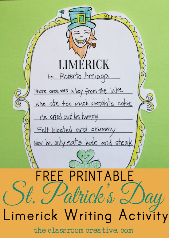 Fifth grade student writing a St. Patrick's Day limerick on a classroom vocabulary worksheet