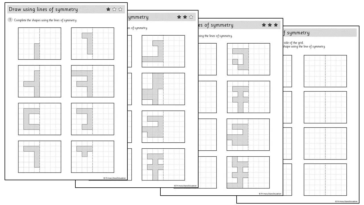 Fourth grade math worksheet featuring nine geometric shapes for students to draw a line of symmetry