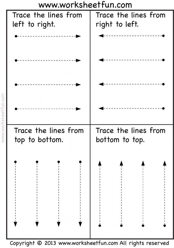 Line Tracing: Fun with Horizontals Worksheet for Pre-K Preschooler practicing line tracing activities with horizontal lines and objects