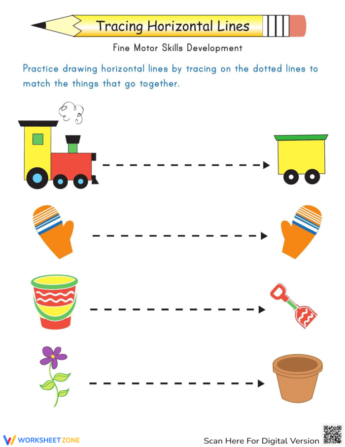 Fun with Horizontals: Line Tracing Activity for Pre-K Kids Line tracing worksheet for preschoolers featuring horizontal lines and objects to match