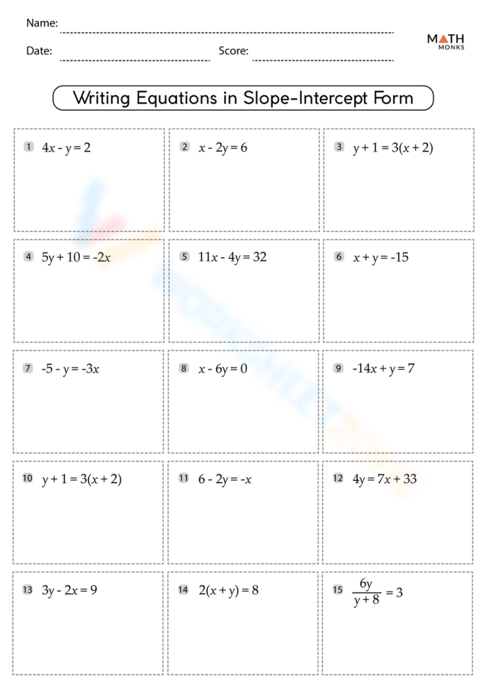 Algebra Worksheet 11 Writing Equations in Slope-Intercept Form From Graphs Eighth grade math worksheet for writing linear equations in slope-intercept form based on graphed lines