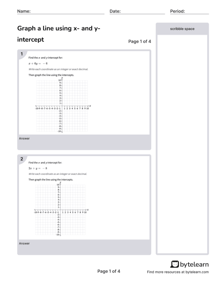 Worksheet for writing a linear equation using y-intercept and a point for eighth-grade students