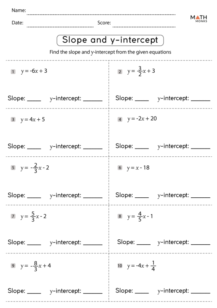 Worksheet for writing a linear equation using the y-intercept and a specific point for eighth-grade students