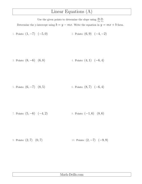 Write a Linear Equation From Two Points Worksheet for Grade 8 Math Practice 21 Eighth grade algebra worksheet showing two coordinate points with space to calculate slope and write linear equations in slope-intercept form