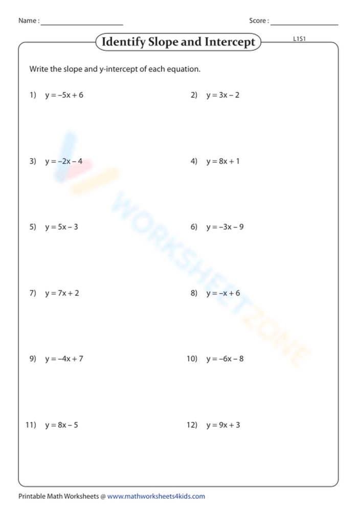 Worksheet for writing a linear equation using y-intercept and a point for eighth graders