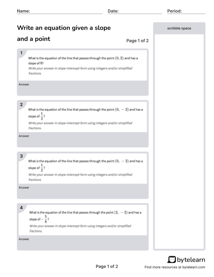 Eighth grade algebra worksheet showing slope and point problems for writing linear equations in slope-intercept form image 6