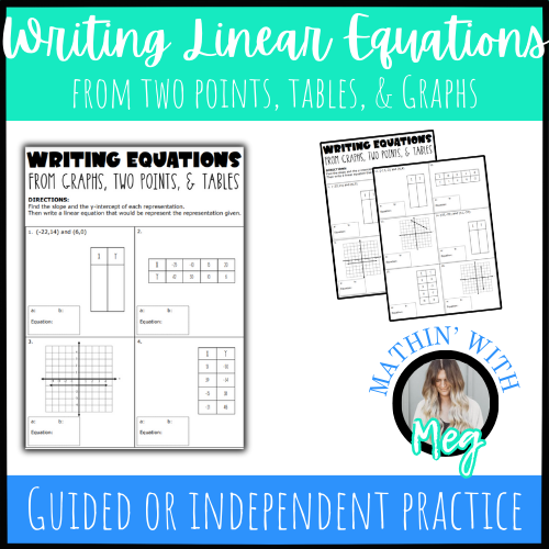 Write a Linear Equation From Two Points worksheet example 3 for middle school algebra practice Eighth grade students solving linear equations by finding slope and y-intercept from coordinate points on a practice worksheet