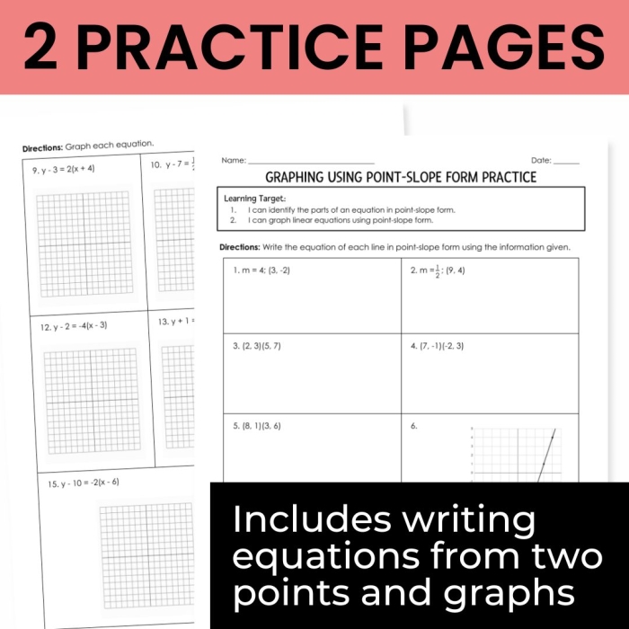 Eighth grade algebra worksheet showing problems where students write linear equations in slope-intercept form given a slope and point on the line