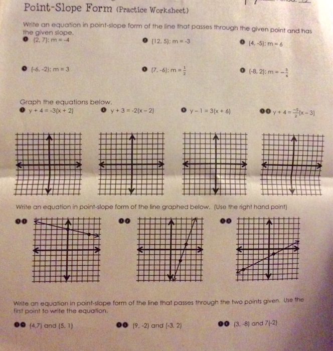Eighth grade math worksheet requiring students to determine linear equations using a provided slope and coordinate point
