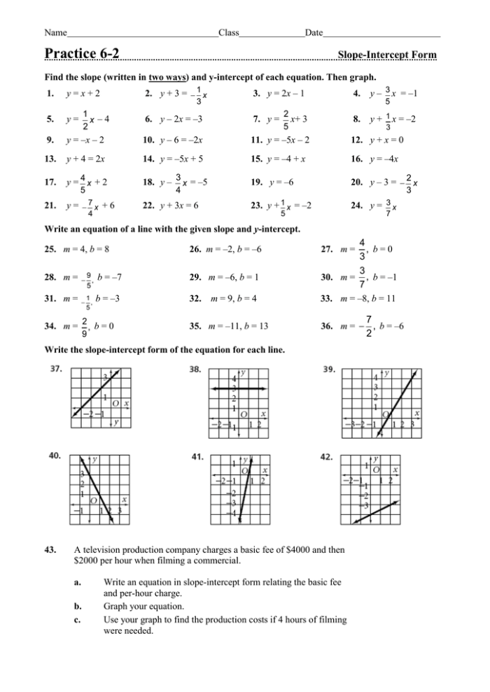 Eighth grade math worksheet requiring students to determine linear equations using a provided slope and coordinate point