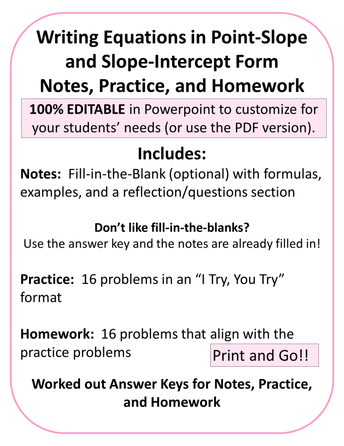 Eighth grade math worksheet showing problems where students write a linear equation using a provided slope and coordinate point