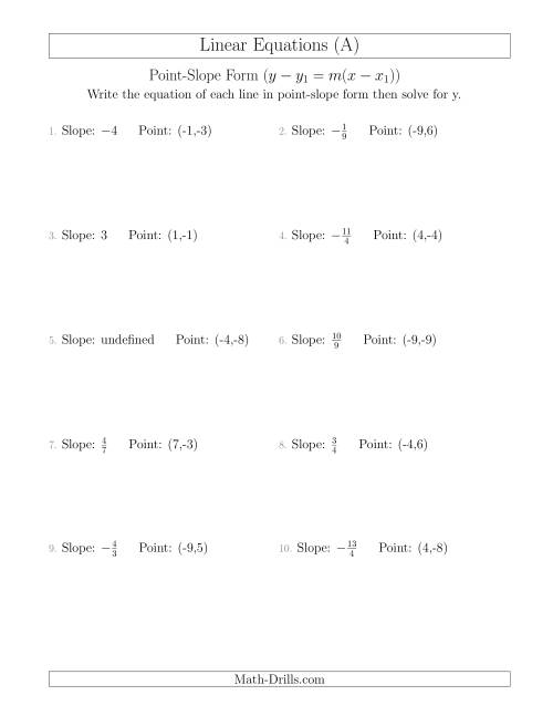 Eighth grade algebra worksheet showing practice problems for writing linear equations from slope and point information