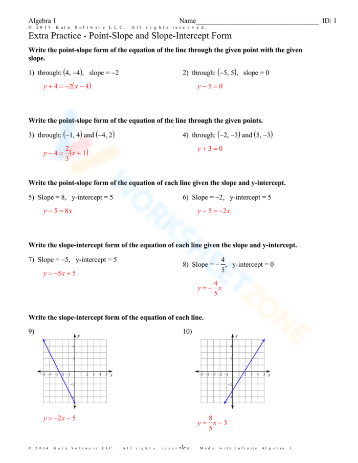 Eighth grade algebra worksheet for determining a linear equation based on a provided slope and coordinate point