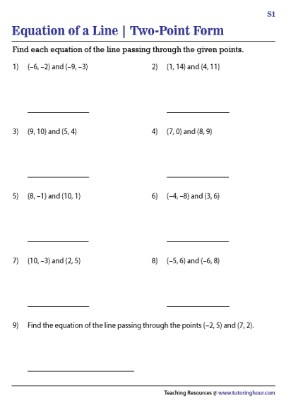 Write a Linear Equation From Two Points Worksheet 17 Eighth grade algebra worksheet for writing linear equations from two points involving fractions