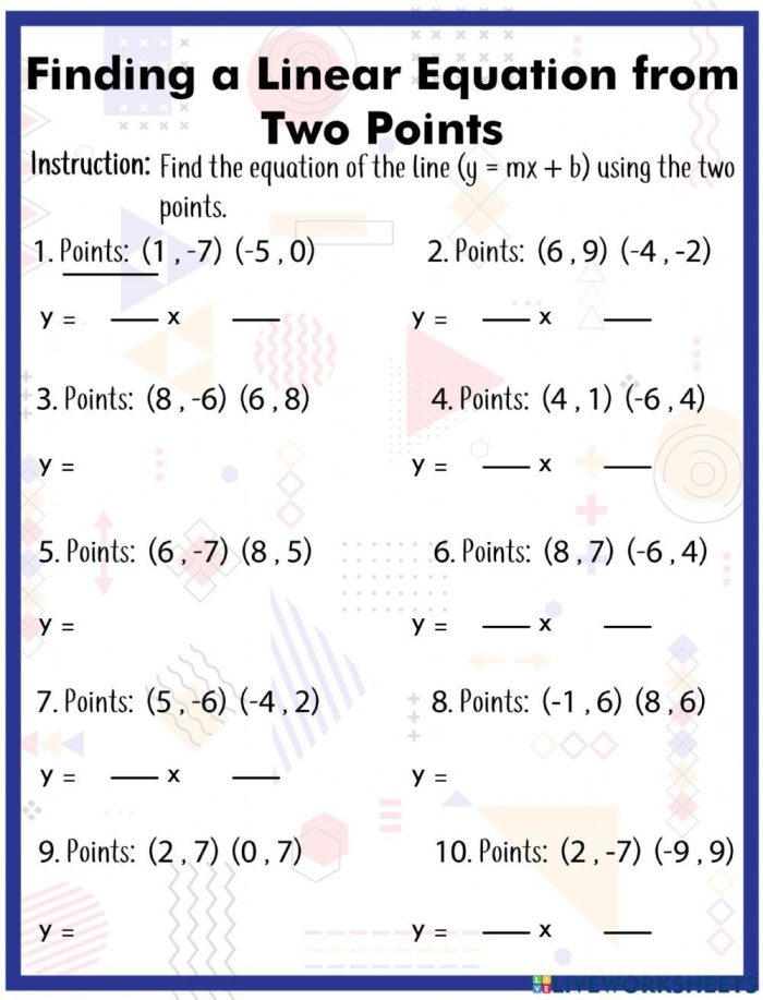 Writing Linear Equations From Two Points Algebra 5 Worksheet Eighth grade algebra worksheet for finding the linear equation of a line passing through two points with fraction coordinates